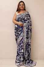 Blue Hand Embroidered Parsi Gara Georgette Cheena Cheeni Design Saree - Luxurion World