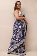 Blue Hand Embroidered Parsi Gara Georgette Cheena Cheeni Design Saree - Luxurion World