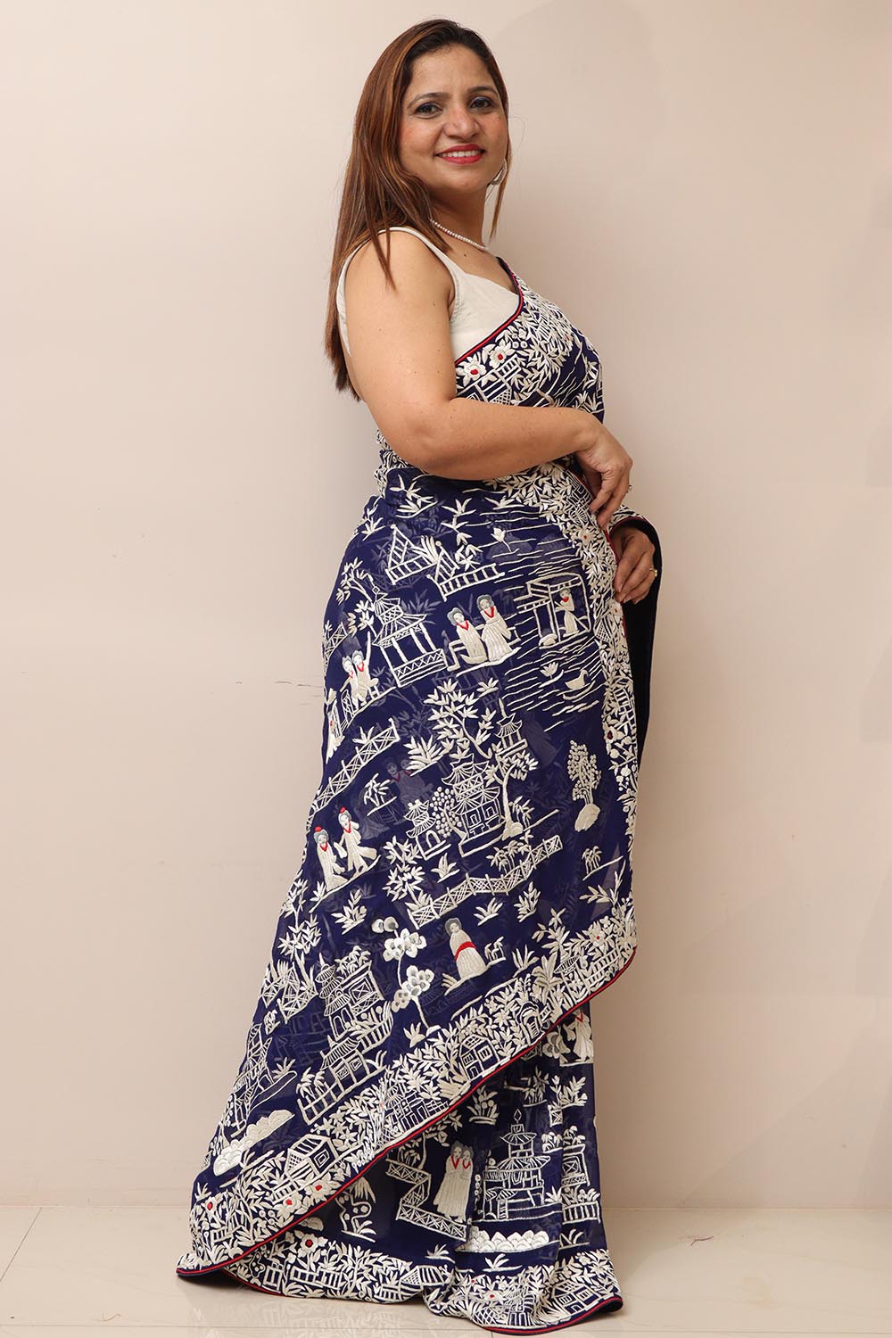 Blue Hand Embroidered Parsi Gara Georgette Cheena Cheeni Design Saree - Luxurion World