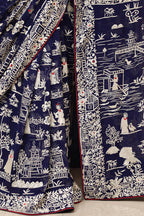 Blue Hand Embroidered Parsi Gara Georgette Cheena Cheeni Design Saree - Luxurion World