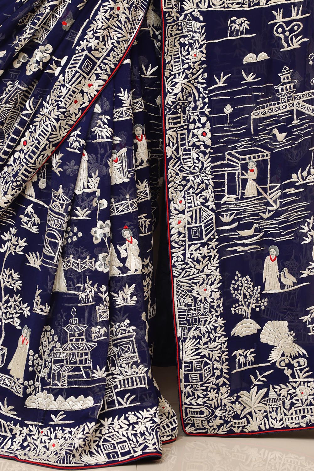 Blue Hand Embroidered Parsi Gara Georgette Cheena Cheeni Design Saree - Luxurion World