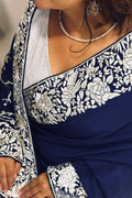 Exquisite Blue Parsi Gara Hand Embroidered Crepe Saree