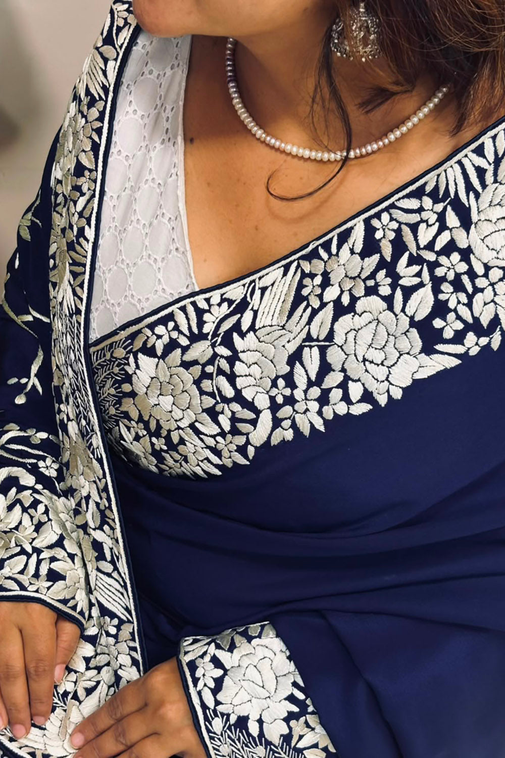 Exquisite Blue Parsi Gara Hand Embroidered Crepe Saree