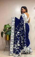 Exquisite Blue Parsi Gara Hand Embroidered Crepe Saree