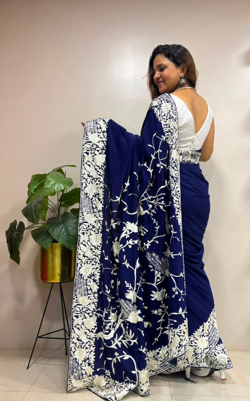 Exquisite Blue Parsi Gara Hand Embroidered Crepe Saree