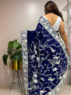 Exquisite Blue Parsi Gara Hand Embroidered Crepe Saree