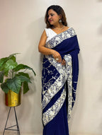 Exquisite Blue Parsi Gara Hand Embroidered Crepe Saree