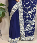 Exquisite Blue Parsi Gara Hand Embroidered Crepe Saree