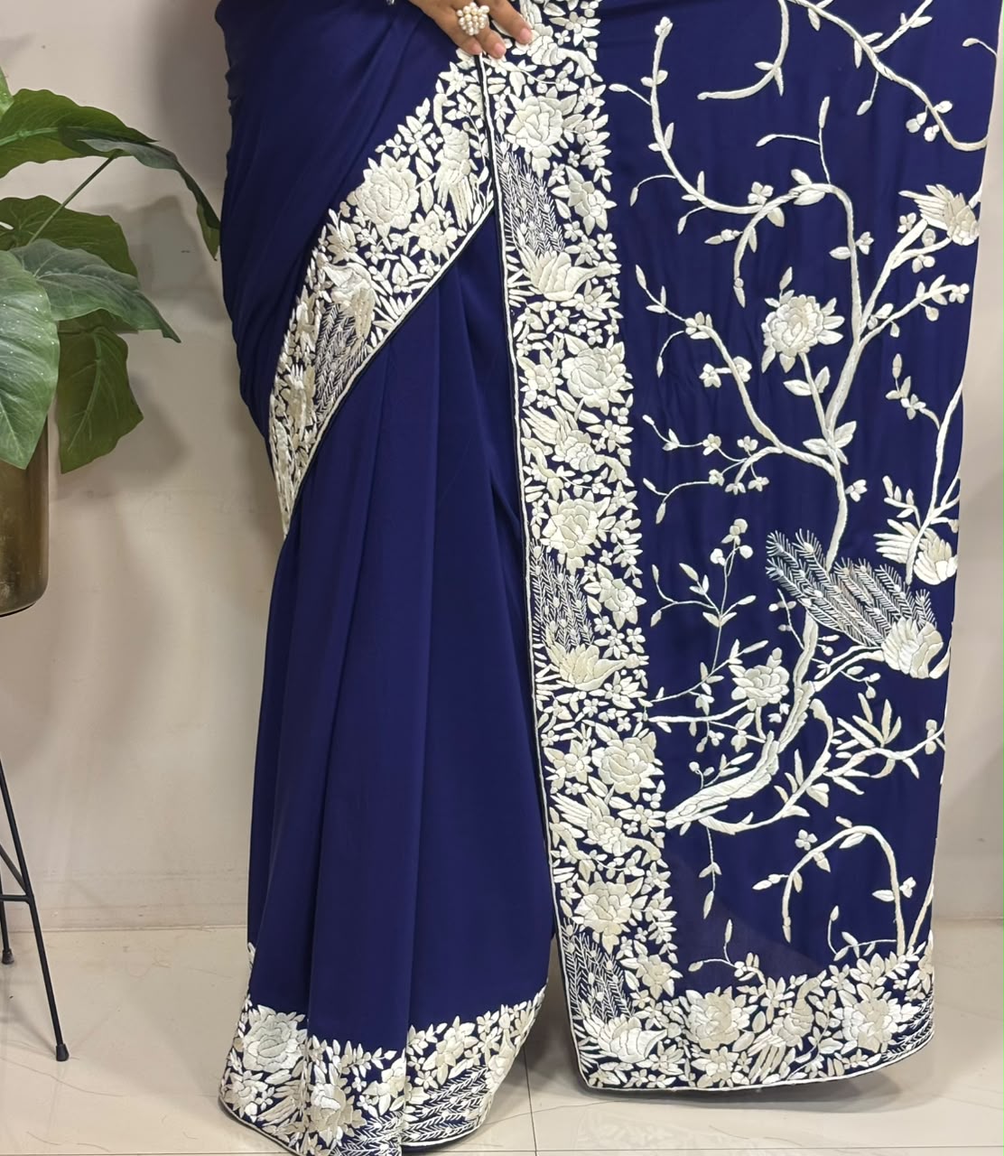 Exquisite Blue Parsi Gara Hand Embroidered Crepe Saree