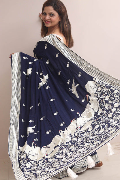 Blue Parsi Gara Embroidered Crepe Bird Design Saree - Luxurion World