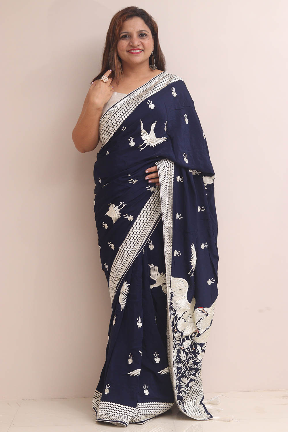 Blue Parsi Gara Embroidered Crepe Bird Design Saree - Luxurion World