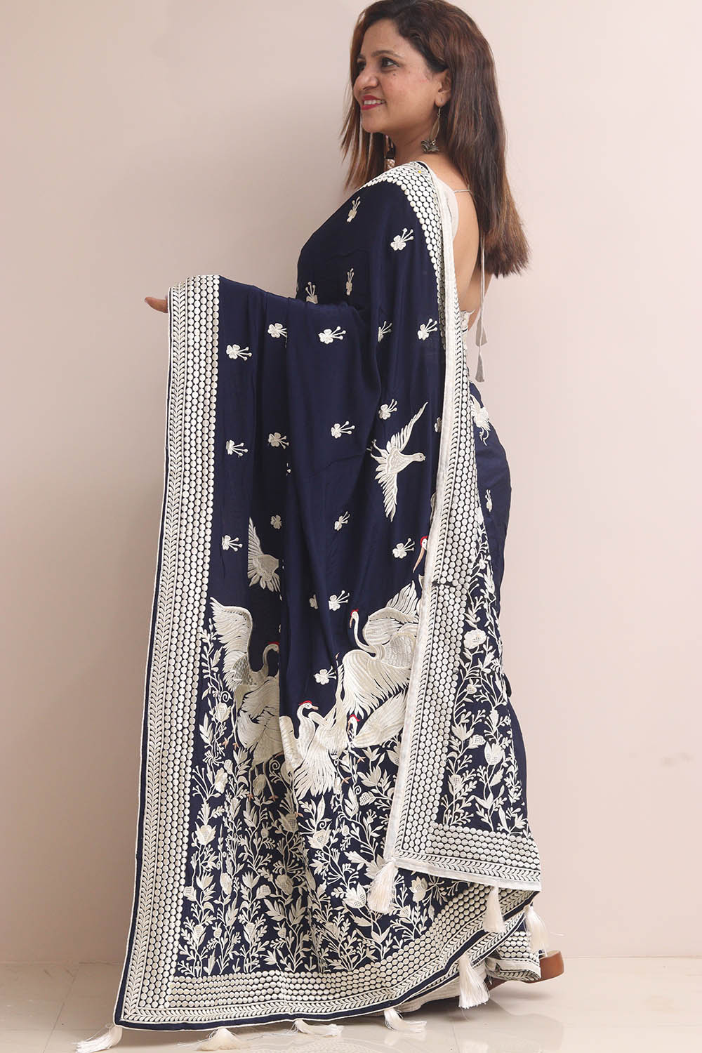 Blue Parsi Gara Embroidered Crepe Bird Design Saree - Luxurion World