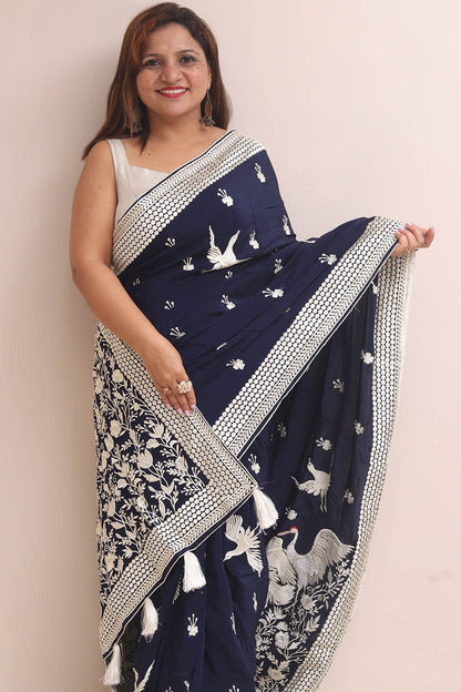 Blue Parsi Gara Embroidered Crepe Bird Design Saree - Luxurion World