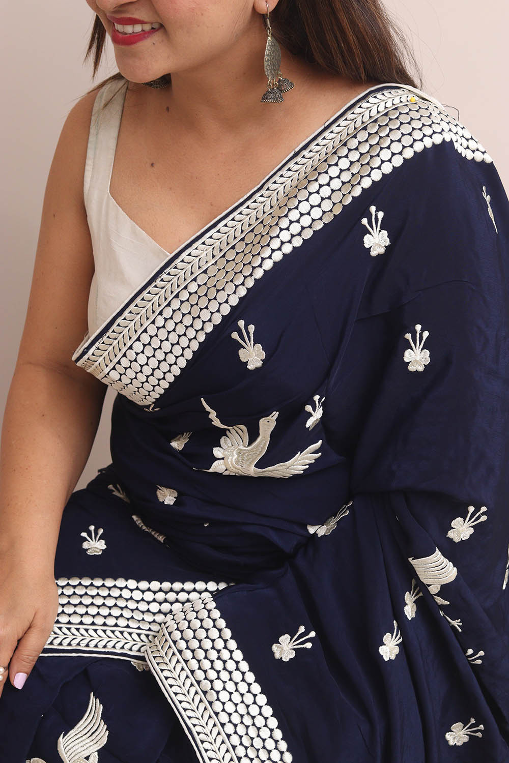 Blue Parsi Gara Embroidered Crepe Bird Design Saree - Luxurion World