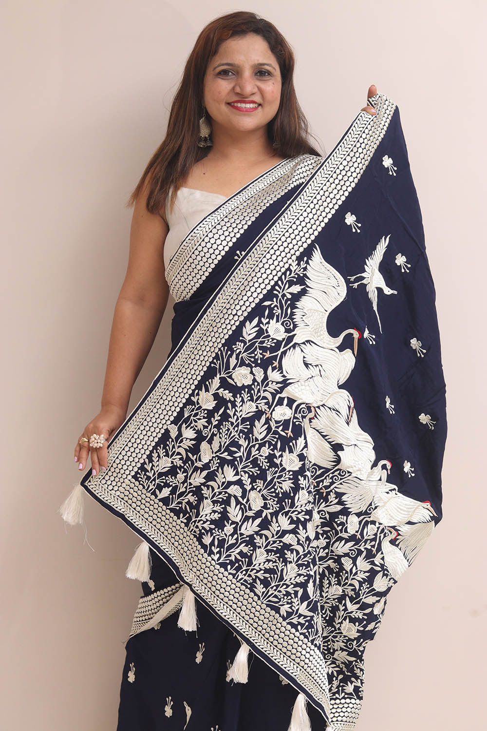 Blue Parsi Gara Embroidered Crepe Bird Design Saree - Luxurion World