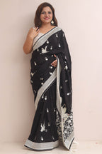 Elegant Black Parsi Gara Embroidered Crepe Bird Design Saree - Luxurion World