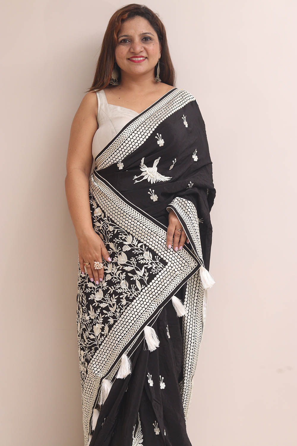 Elegant Black Parsi Gara Embroidered Crepe Bird Design Saree - Luxurion World