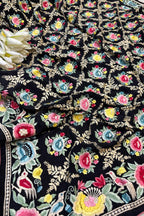 Black Embroidered Parsi Gara Pure Crepe Multicolor Thread Work Flower Design Saree - Luxurion World