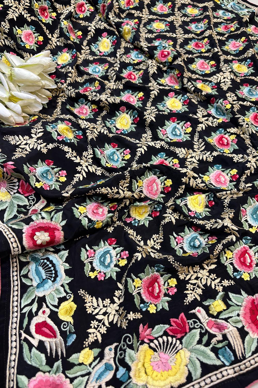 Black Embroidered Parsi Gara Pure Crepe Multicolor Thread Work Flower Design Saree - Luxurion World