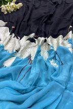 Black And Blue Embroidered Parsi Gara Pure Crepe Bird Design Saree - Luxurion World
