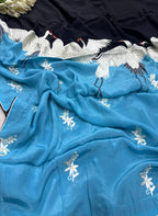 Black And Blue Embroidered Parsi Gara Pure Crepe Bird Design Saree - Luxurion World