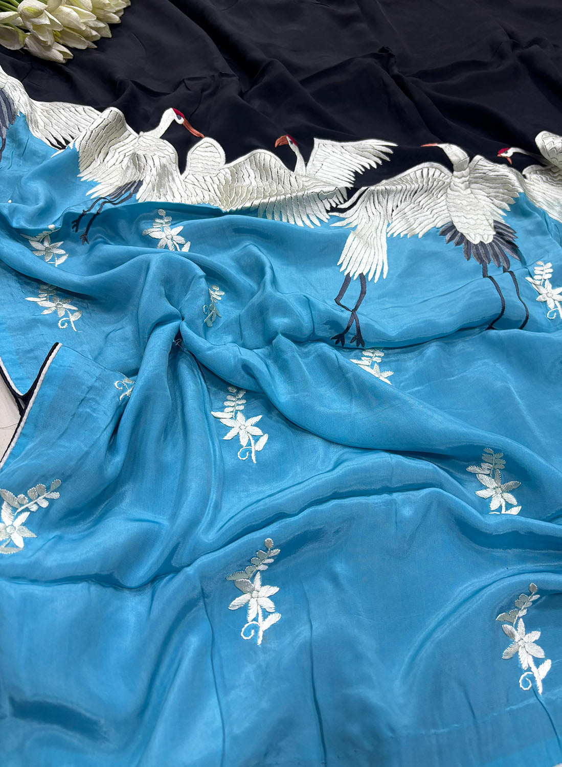 Black And Blue Embroidered Parsi Gara Pure Crepe Bird Design Saree - Luxurion World