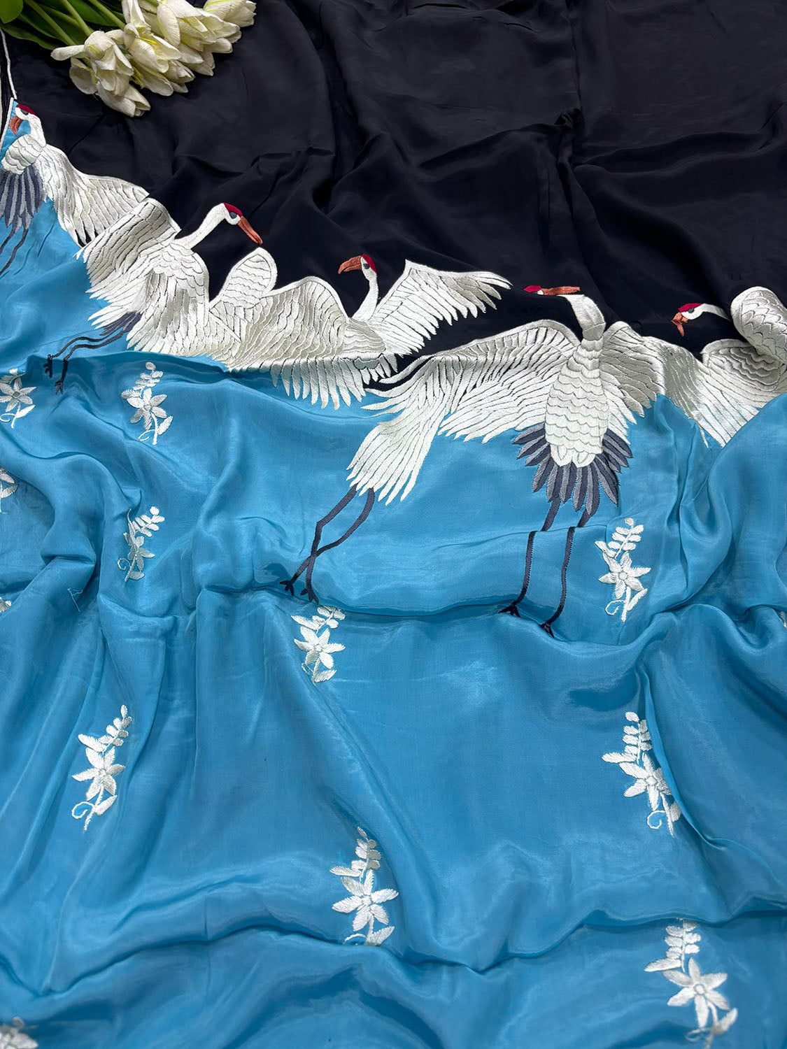 Black And Blue Embroidered Parsi Gara Pure Crepe Bird Design Saree - Luxurion World