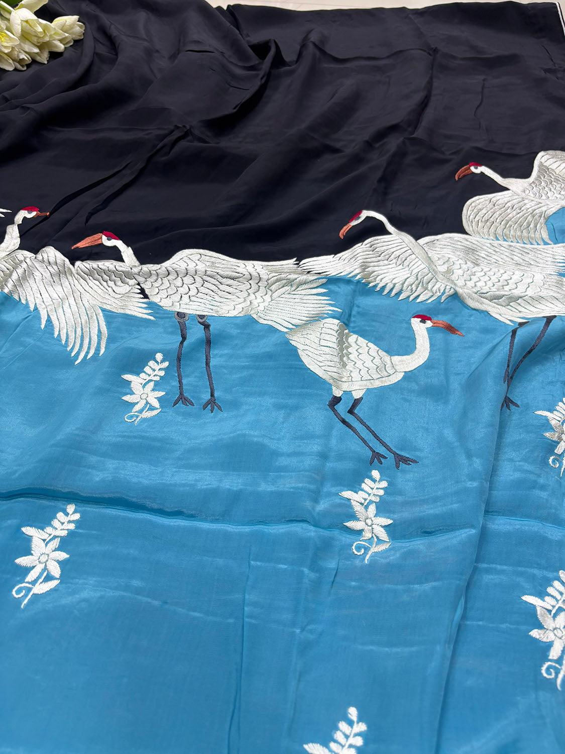Black And Blue Embroidered Parsi Gara Pure Crepe Bird Design Saree - Luxurion World