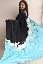 Black And Blue Embroidered Parsi Gara Pure Crepe Bird Design Saree - Luxurion World