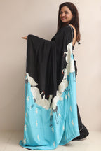 Black And Blue Embroidered Parsi Gara Pure Crepe Bird Design Saree - Luxurion World