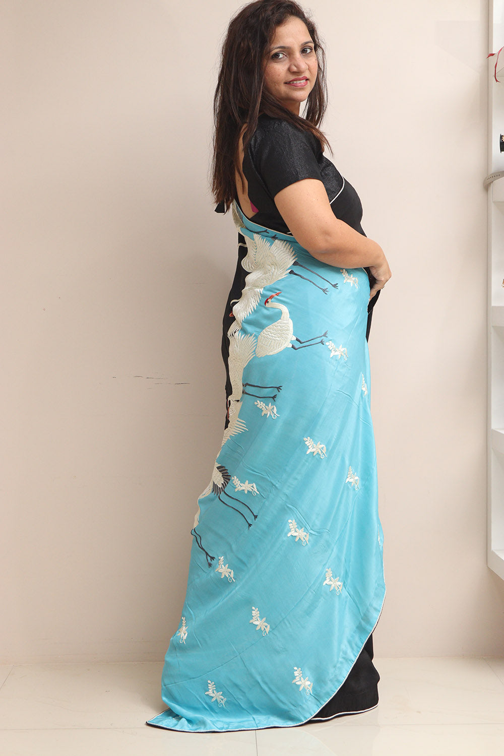 Black And Blue Embroidered Parsi Gara Pure Crepe Bird Design Saree - Luxurion World