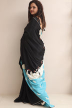 Black And Blue Embroidered Parsi Gara Pure Crepe Bird Design Saree - Luxurion World