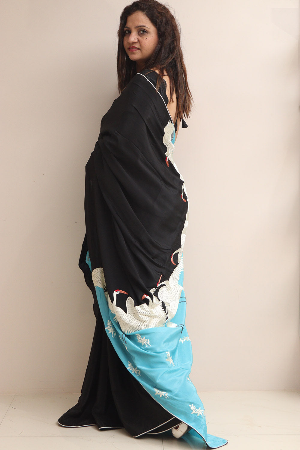 Black And Blue Embroidered Parsi Gara Pure Crepe Bird Design Saree - Luxurion World