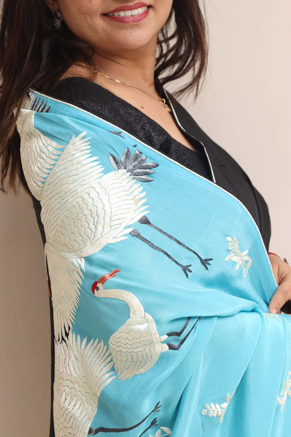 Black And Blue Embroidered Parsi Gara Pure Crepe Bird Design Saree - Luxurion World