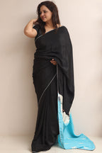 Black And Blue Embroidered Parsi Gara Pure Crepe Bird Design Saree - Luxurion World