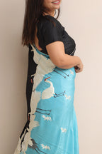 Black And Blue Embroidered Parsi Gara Pure Crepe Bird Design Saree - Luxurion World