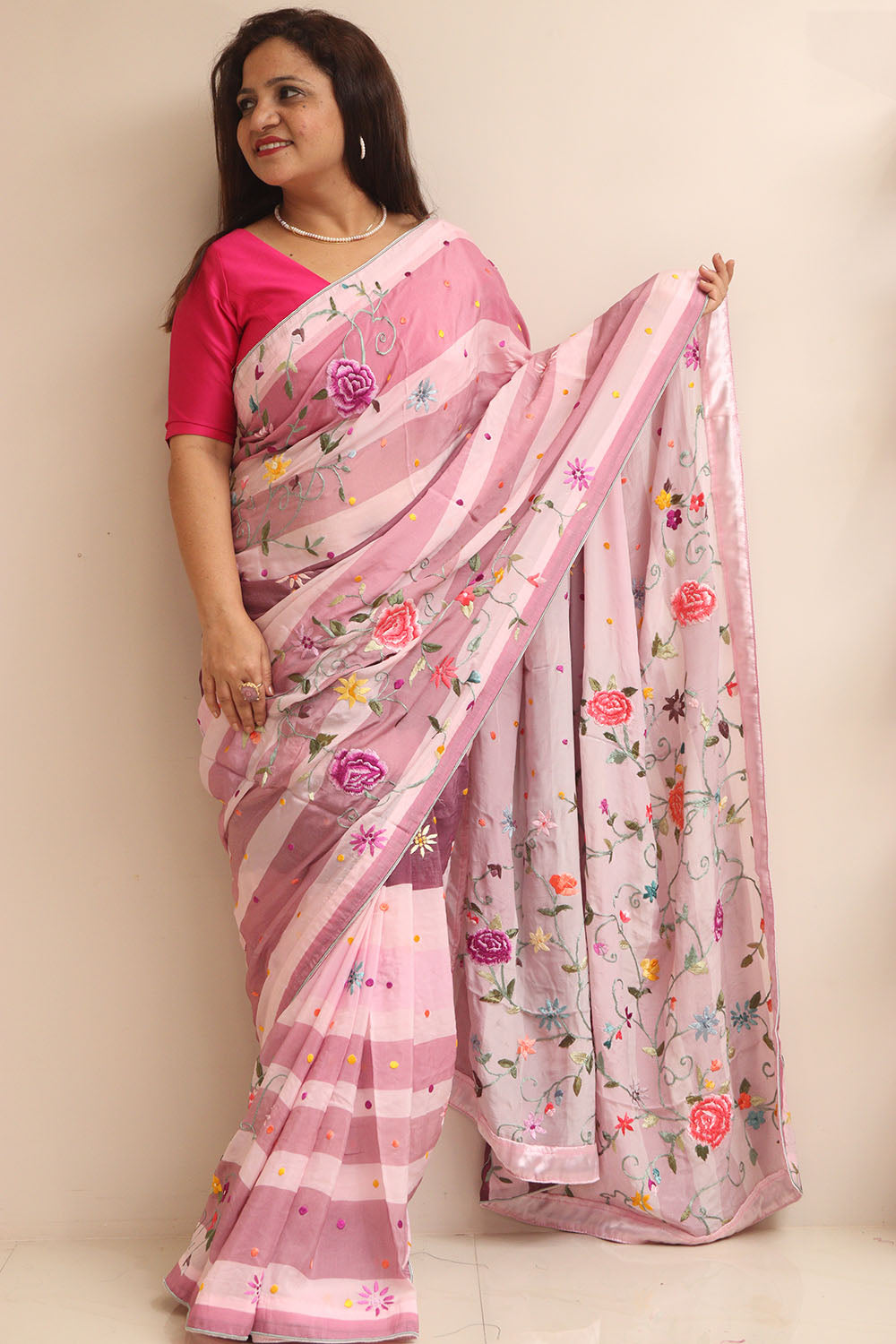 Pink Embroidered Parsi Gara Pure Satin Crepe Flower Design Saree - Luxurion World