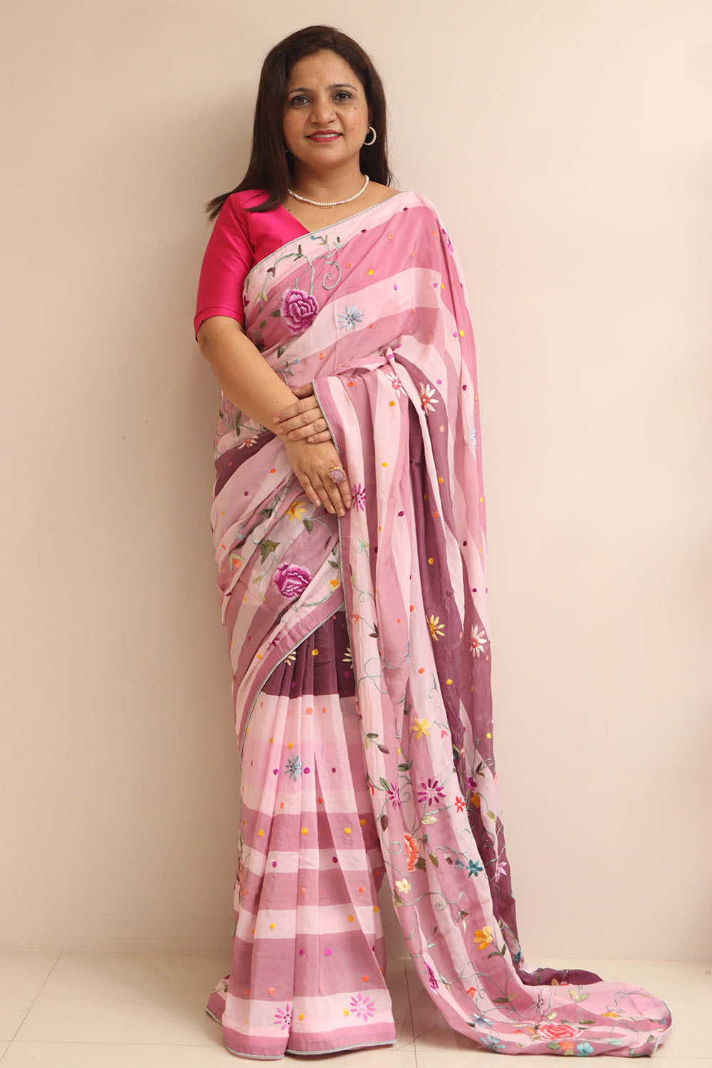 Pink Embroidered Parsi Gara Pure Satin Crepe Flower Design Saree - Luxurion World