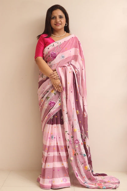 Pink Embroidered Parsi Gara Pure Satin Crepe Flower Design Saree - Luxurion World