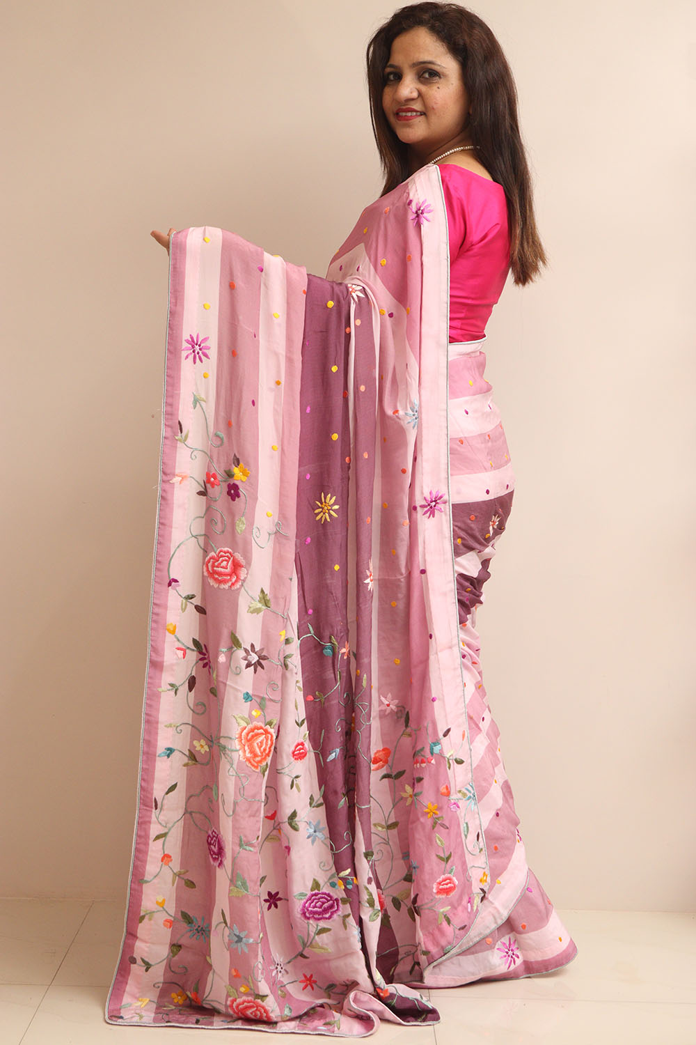 Pink Embroidered Parsi Gara Pure Satin Crepe Flower Design Saree - Luxurion World