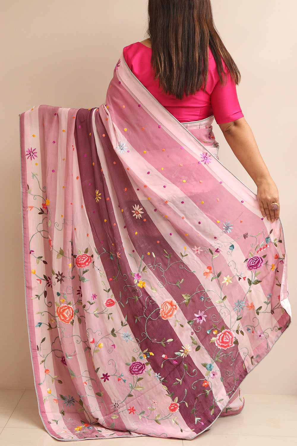 Pink Embroidered Parsi Gara Pure Satin Crepe Flower Design Saree - Luxurion World