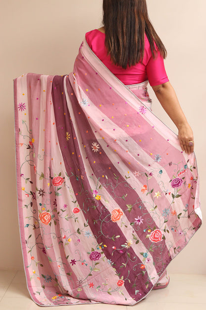 Pink Embroidered Parsi Gara Pure Satin Crepe Flower Design Saree - Luxurion World