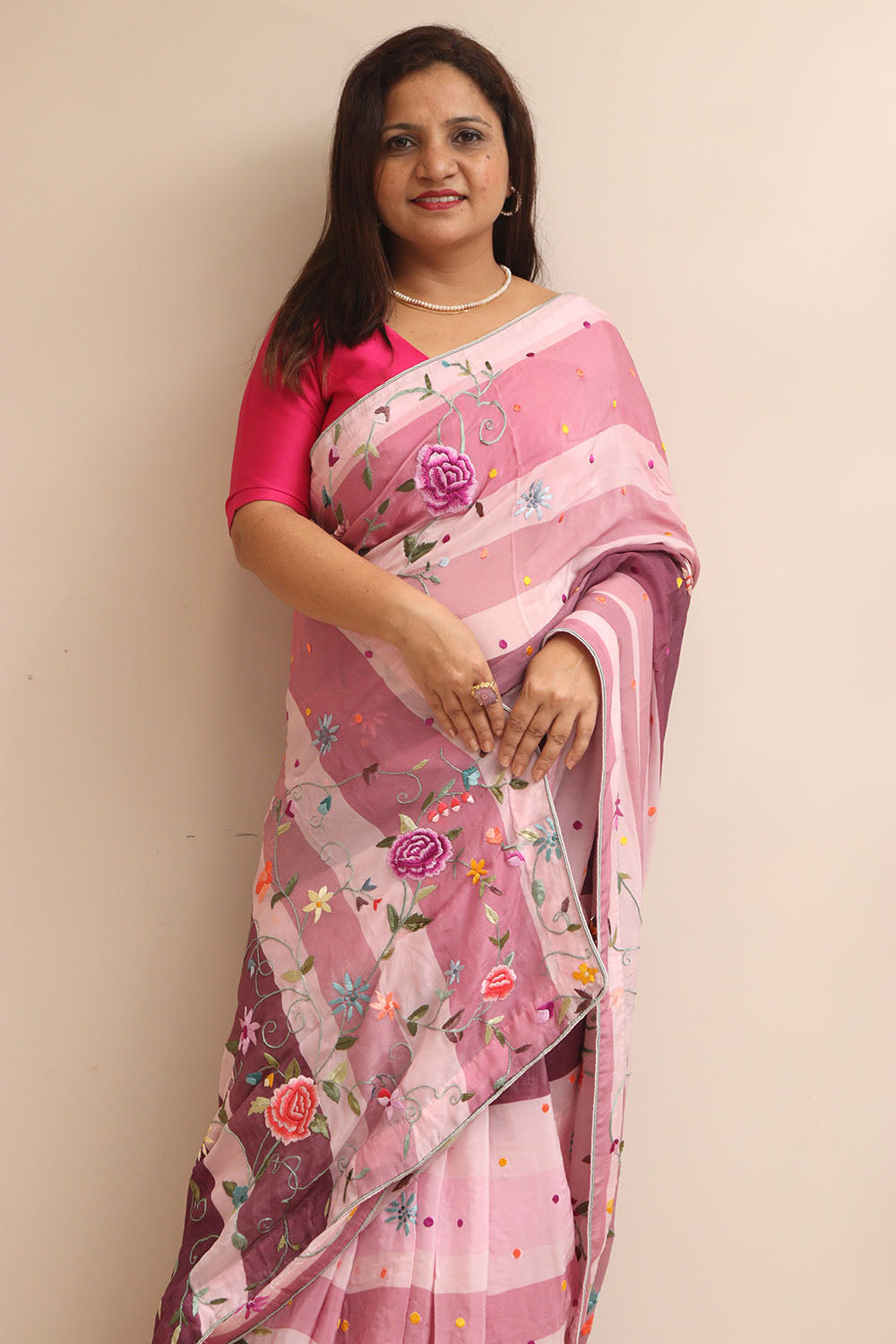 Pink Embroidered Parsi Gara Pure Satin Crepe Flower Design Saree - Luxurion World