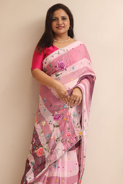 Pink Embroidered Parsi Gara Pure Satin Crepe Flower Design Saree - Luxurion World