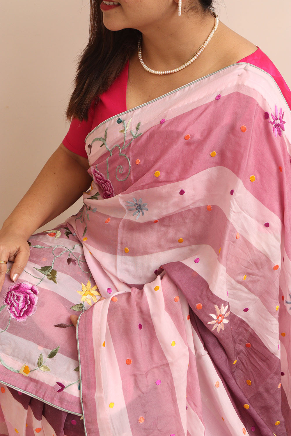 Pink Embroidered Parsi Gara Pure Satin Crepe Flower Design Saree - Luxurion World