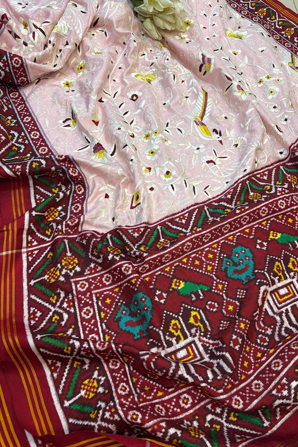 Pink Handloom Double Ikat Patan Patola Pure Silk Saree With Hand Parsi Work - Luxurion World