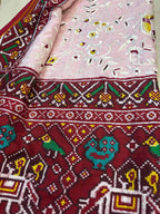 Pink Handloom Double Ikat Patan Patola Pure Silk Saree With Hand Parsi Work - Luxurion World
