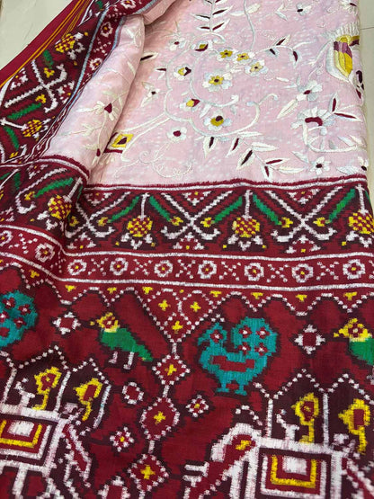 Pink Handloom Double Ikat Patan Patola Pure Silk Saree With Hand Parsi Work - Luxurion World