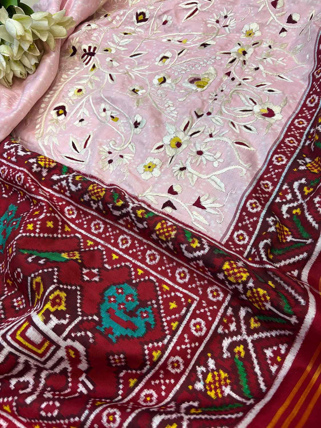 Pink Handloom Double Ikat Patan Patola Pure Silk Saree With Hand Parsi Work - Luxurion World