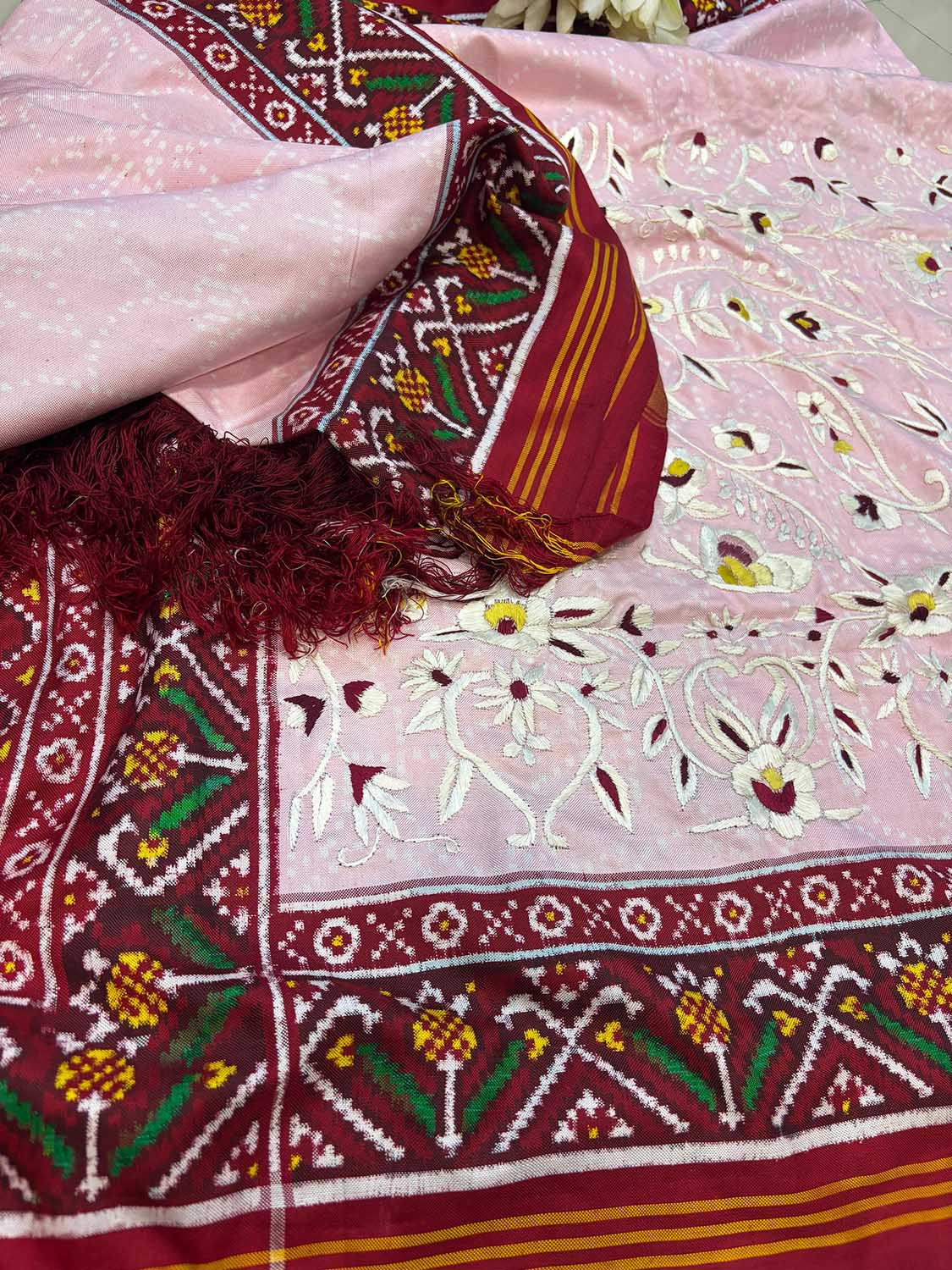 Pink Handloom Double Ikat Patan Patola Pure Silk Saree With Hand Parsi Work - Luxurion World